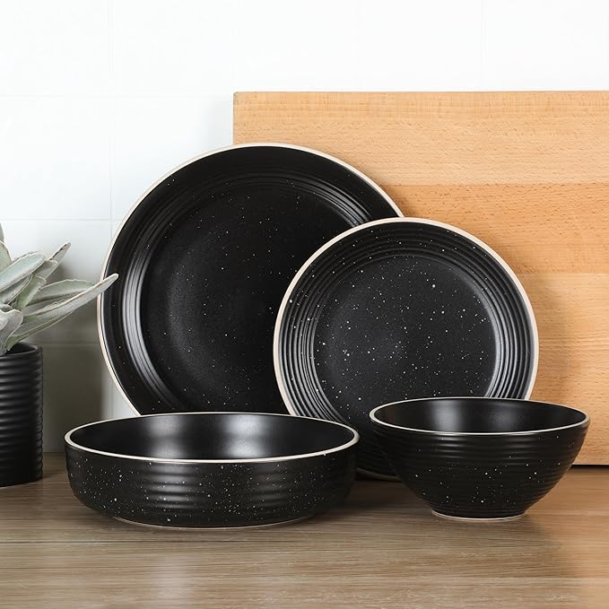 Gibson Home Dinah 16 Piece Double Bowl Stoneware Embossed Speckled Dinnerware Set - Matte Black