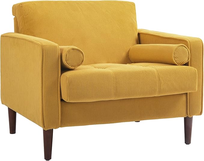 UIXE Corduroy Accent Chairs Set of 2, Modern Upholstered Living Room Arm Chair Comfy Bedroom Reading Armchair with Bolster Pillows, Mid-Century Track Armrest Tufted Single Sofa Seat (Yellow)