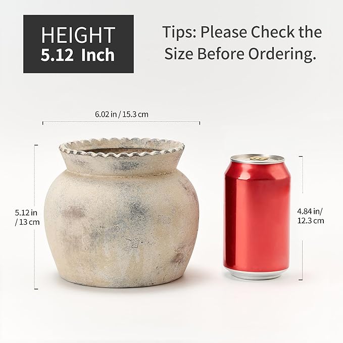 SIDUCAL Ceramic Flower Vase with Wide Mouth Lace, 5.1 Inch Pottery Rustic Farmhouse Boho Vases, Small Terracotta Vase for Home Decor, Table, Living Room, Bathroom, Shelf, Wedding, Terra