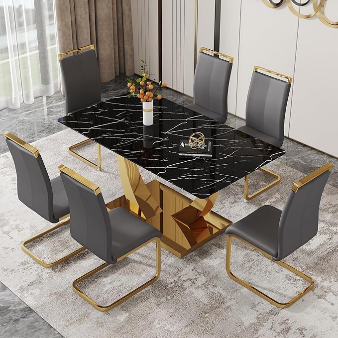 63” Dining Room Table Set for 6,Modern Gold Dining Table Set for 6, Rectangle kitchen Table Set With PU Leather Chairs,Black Faux Marble Dinner Table Set with Tempered Glass Top and Golden Base