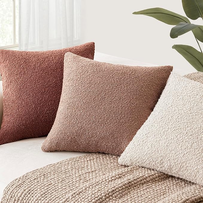 Foindtower Set of 2, Decorative Textured Boucle Throw Pillow Covers Accent Solid Pillow Cases Neutral Cozy Couch Cushion Case for Chair Sofa Bedroom Living Room Home Decor 26x26 Inch Orange Rust Red