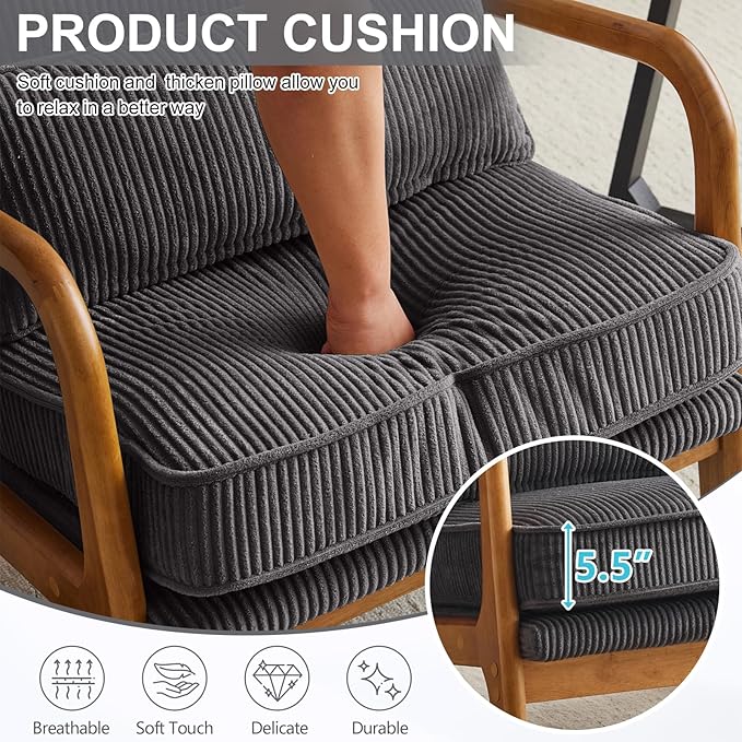 Karl home Mid-Century Modern Accent Chair, Living Room Chairs with Pillow Corduroy Upholstered Lounge Armchair with Solid Wood Frame & Soft Cushion for Bedroom, Reading Room, Dark Gray