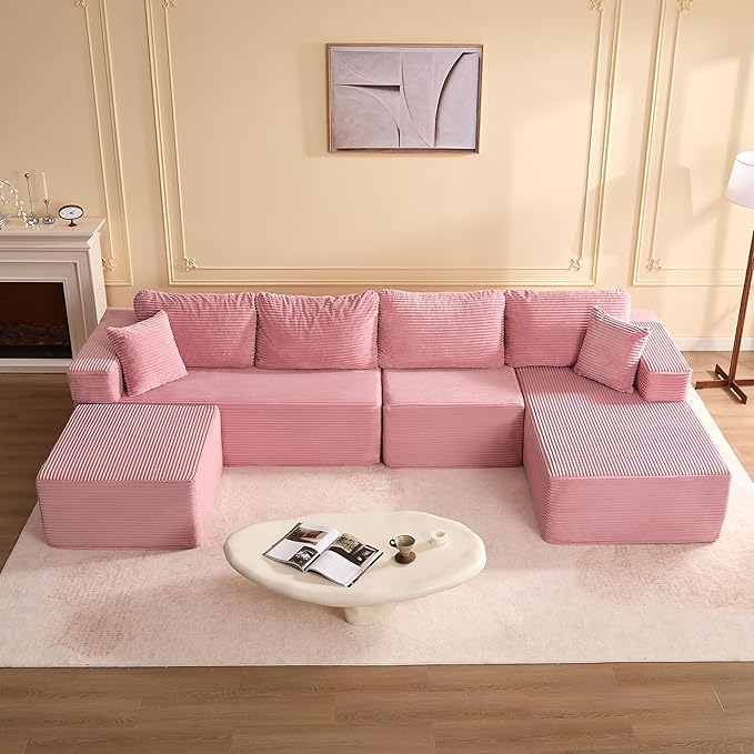 138" Boneless Couch with Deep Seat, Modular Sectional Sofa, Cloud Sectional Couch for Living Room, No Assembly Required, Corduroy, U-Shape 4 Seater Right, Pink