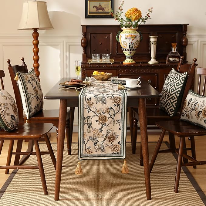 ISAENNE Designer Vintage Beige Linen Table Runner 71 Inches Long,Elegant Floral and Bird Pattern Decor Table Runners for Dining Tables,Thanksgiving,Christmas,Banquet,Party,12"*71"-Murad A