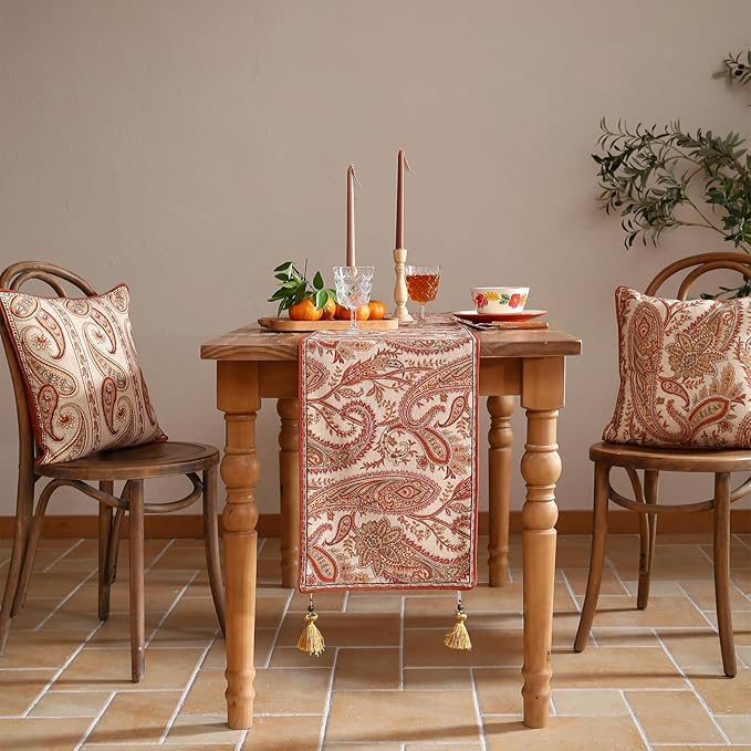 Designer Elegant Red Linen Table Runner 87 Inches Long,Vintage Paisley Pattern Durable Table Runners for Dining Tables,Thanksgiving,Kitchen Tables,Christmas,12"*87"-Chauffrey A