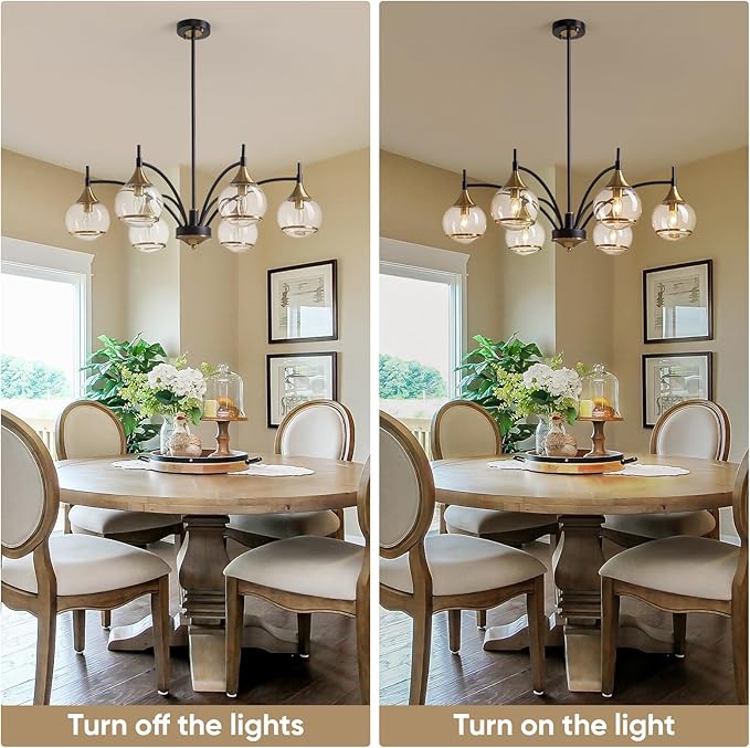 6 Light Modern Dining Room Light Fixtures Over Table 33.8" Black and Gold Chandelier with Globe Glass Bubble Shade Mid CenturySputnik Chandeliers for Dining Room，Living Room,Kitchen