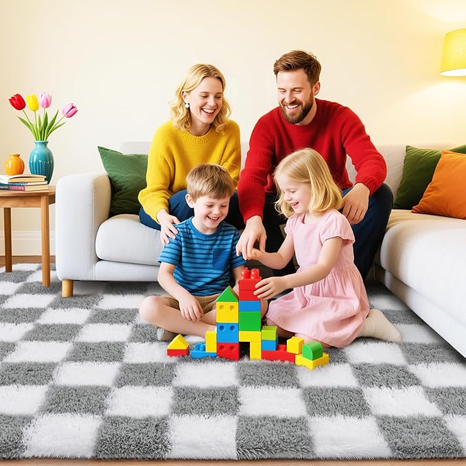 Checkered Rugs for Bedroom, 4x6 White and Grey Ultra Fluffy Fuzzy Shag Area Rug for Living Room, Modern Plush Soft Upgrade Non-Slip Carpet for Kids Girls and Boys Room Dorm Nursery Home Decor