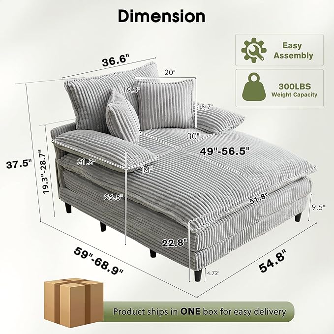 55" W Oversized Chaise Lounge Sofa Couch with 5-Position Adjustable Backrest, Corduroy Sleeper Chair Sofa Bed, Reading Chair ‌with Deep Seat, Cloud Couches for Living Room, Bedroom, Grey