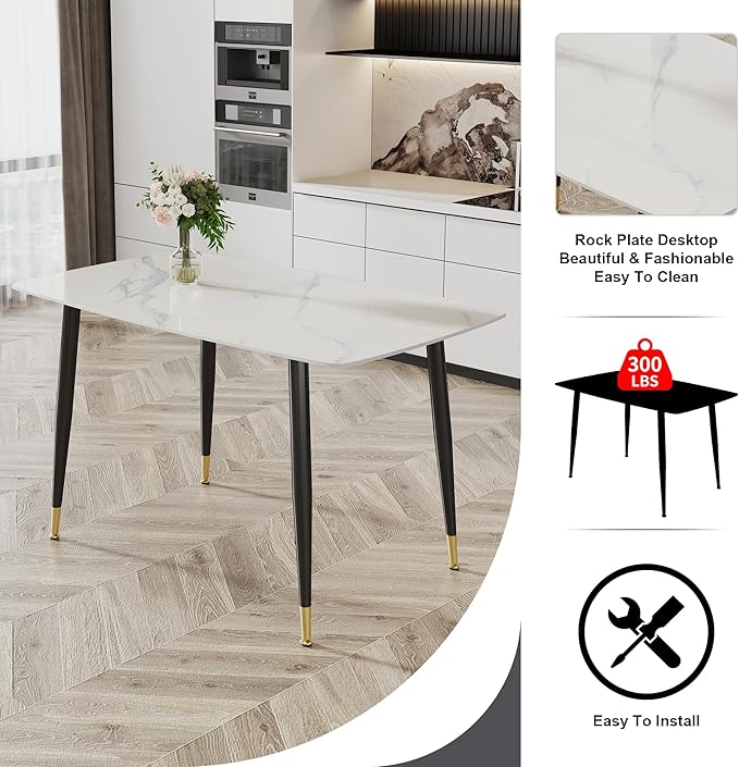 50" White Modern Marble Dining Table Set for 4, Sintered Stone Tabletop with 4 Upholstered PU Leather Chair Compact Dinette Table Set for Small Space Apartment(1White Table+4Gray Brown Chairs)