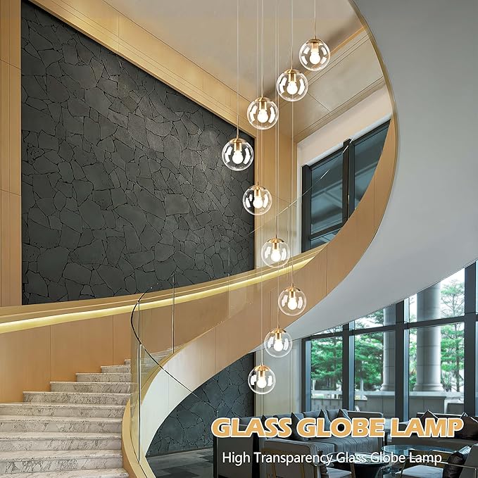 KoKo&Yukina 9-Light Globe Glass Pendant Light Adjustable Length Pendant Lights Fixtures Modern Gold Clear Globe Glass Chandelier High Ceiling Lights Fixtures for Foyer Staircase (Bulb & Remote Incl)