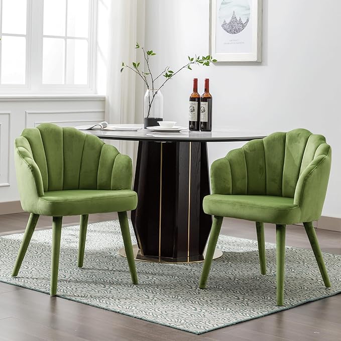 Modern Velvet Dining Chairs Set of 2 Chic Accent Chair Upholstered Side Chairs with Wood Legs for Kitchen/Living Room, Olive Green