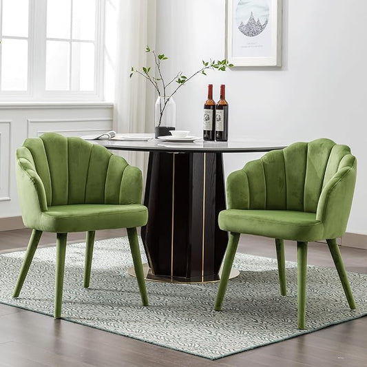 Modern Velvet Dining Chairs Set of 2 Chic Accent Chair Upholstered Side Chairs with Wood Legs for Kitchen/Living Room, Olive Green