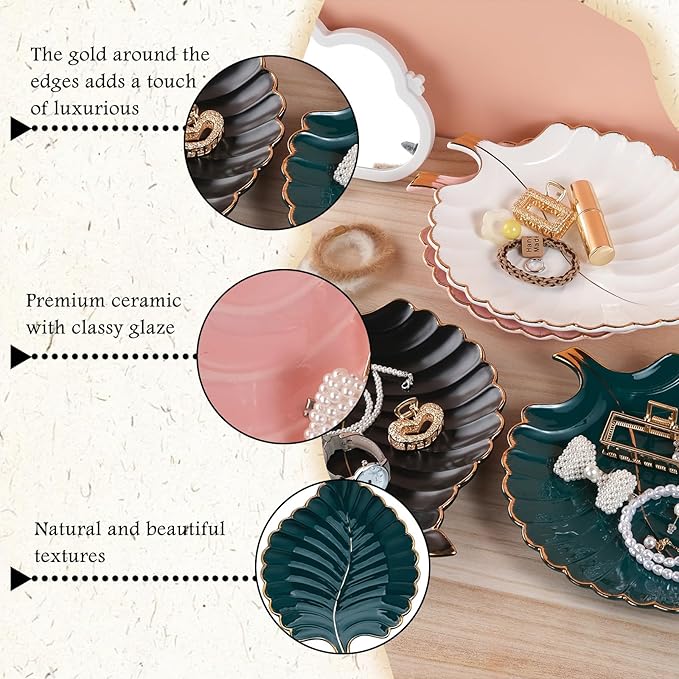 VanEnjoy Candy Dishes Decorative, Key Bowl for Entryway Table, Green Ceramic Bowl Decorative, Decorative Bowl for Keys, Leaf Jewelry Plate Tray