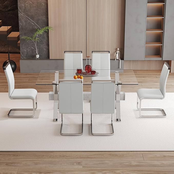 7 Piece Glass Dining Table Set, Kitchen Table Chairs Set for 6, 71'' Dining Table with 0.4" Tempered Glass Tabletop with Plated Metal Legs and MDF Crossbar, 6 PU Chairs for Dining Room, Kitchen.
