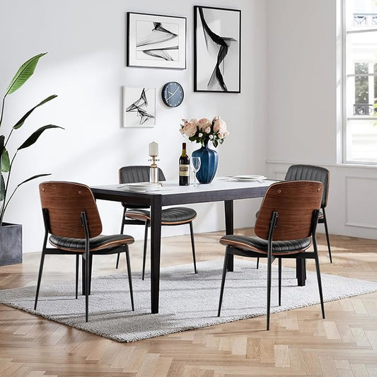 LUNLING Dining Chairs Set of 4 Mid Century Modern Retro Faux Leather Chair with Walnut Bentwood Upholstered Seat Metal Legs Chairs,Adjustable Foot for Kitchen Dining Room Chairs(Black)