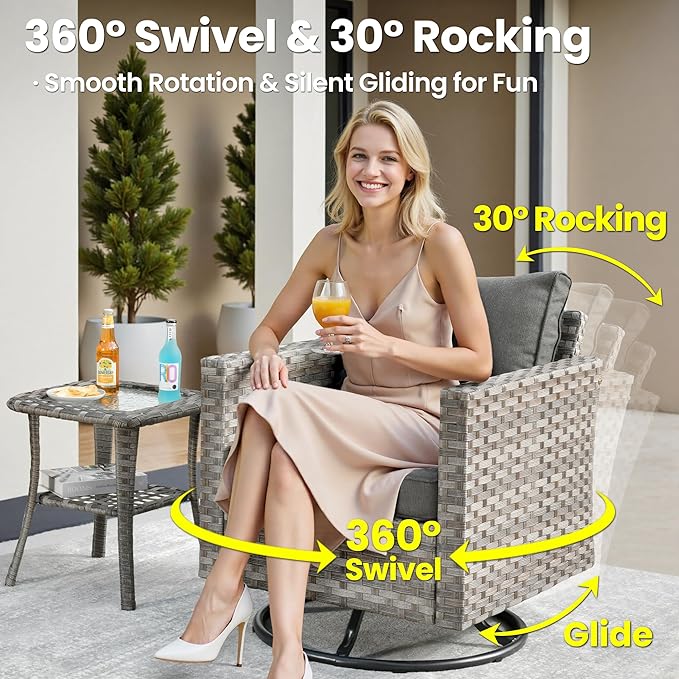 ovios 9 Pieces Patio Furniture Set, Outdoor Wicker Sectional Sofa with 42" Fire Pit Table Swivel Chair, Modern Modular Deep Seat Rattan Couch Conversation Sets, Black