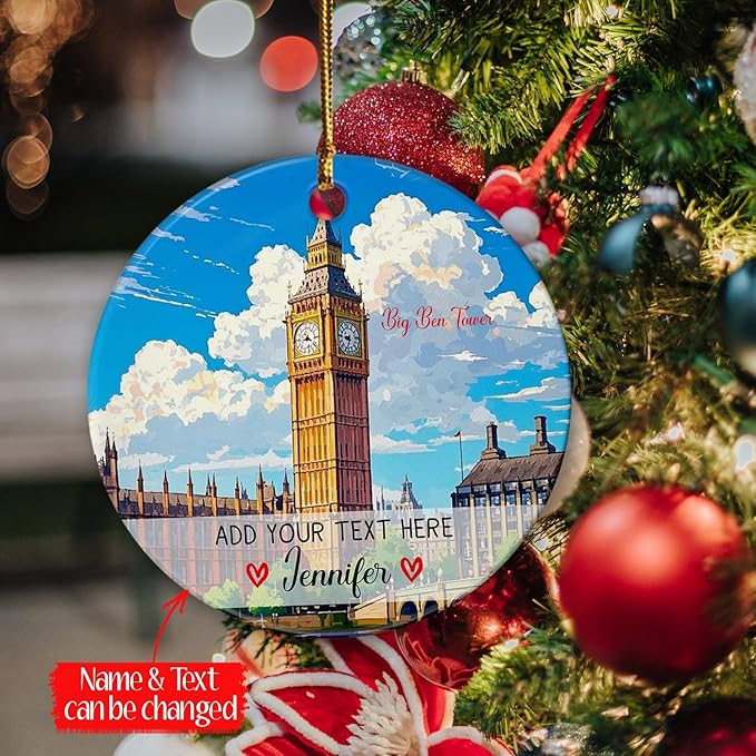 Personalized Text/Name Big Ben Tower Christmas Ceramic Ornament 2025, United Kingdom London Tower Landmark Xmas Ornaments Gift for Traveller Men Women, Custom Big Ben Travel Souvenir Xmas Tree Decor
