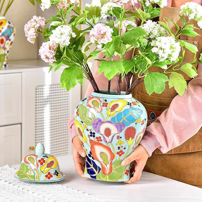 Sungmor Decorative Ceramic Ginger Jar with Lid, Floral Pattern Porcelain Temple Storage Jar, 14" Hand Painted Ceramic Flower Vase for Centerpiece, Blue Glazed Vase for Flower Arrangement, Home Decor