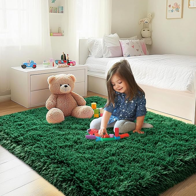 3x5 Area Rug for Bedroom, Green Rugs for Living Room Nursery Kids Room Dorm Home Decor Aesthetic, Fluffy Shaggy Rug with 4 Anti-Slip Carpet Tapes, Dark Green