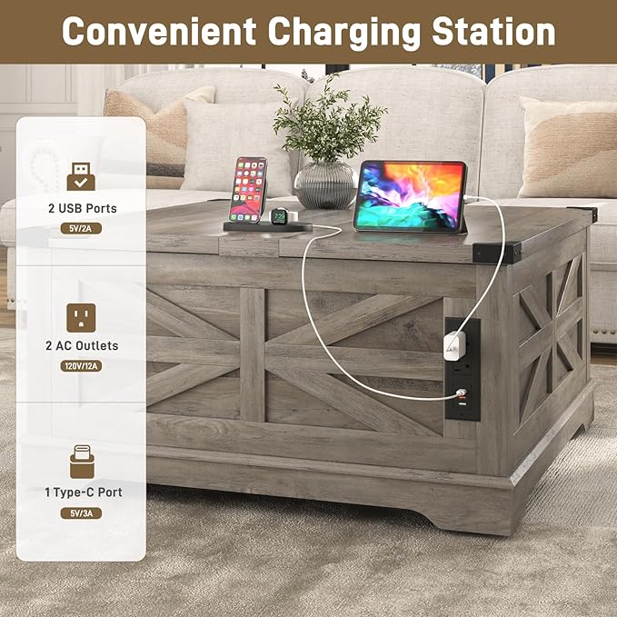 36" Farmhouse Movable Lift Top Coffee Table with Storage and Power Outlets, Square Wood Living Room Tables with Wheels&Large Hidden Space, Lift Wooden Barn Door Center Table, Grey