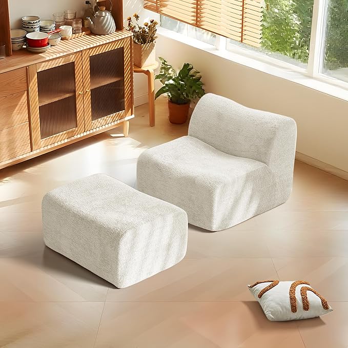 Lazy Sofa Chair, Modern Comfy Raindrop Velvet Fabric Deep Seat Armless Lounge Chair Movable Ottoman Set, 1-Seater Modular Sectional Sleeper Couch for Living Room, Bedroom, Office, Salon, Beige