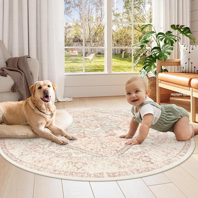 LIVEBOX Washable Peachy Pink Rug 5ft - Medallion Vintage Circle Rugs for Bedroom, Low-Pile Tribal Print Carpet for Nursery, Non-Slid Distress Floral Circular Rug for Living Room Kid's Room Entryway