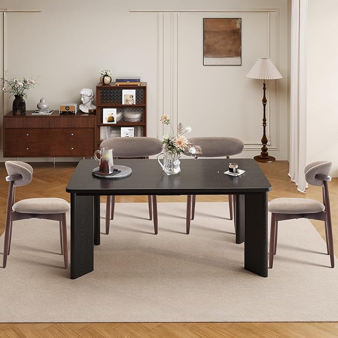7-Piece Rectangular Dining Table Set for 6, 63" Industrial Kitchen Table with 6 Wooden Upholstered Dinner Chairs for Dining Room, Kitchen, Living Room, Black+Camel