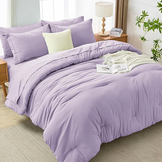 MUXHOMO 7 Pieces Full Comforter Set, Soft Bed in a Bag Full Size, All Season Bedding Set with Comforter, Flat Sheet, Fitted Sheet, Pillowcases & Shams, Lavender