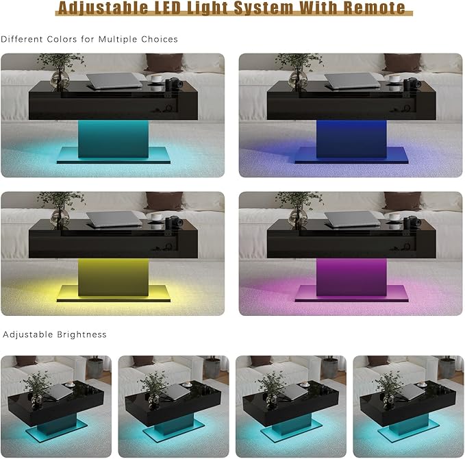 Black Led Coffee Table with 2 Storage Drawers for Living Room, Living Room Table Rectangular Center Table, Modern High Glossy Wooden Coffee Tables with Lights for Dining Reception Room