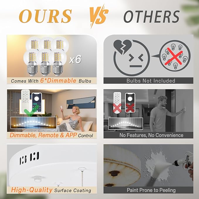 KoKo&Yukina Globe Pendant Light 6 Light White Globe Pendant Lights Kitchen Island Mid Century Light Fixture with Milky White Glass Shade Lights for Staircase