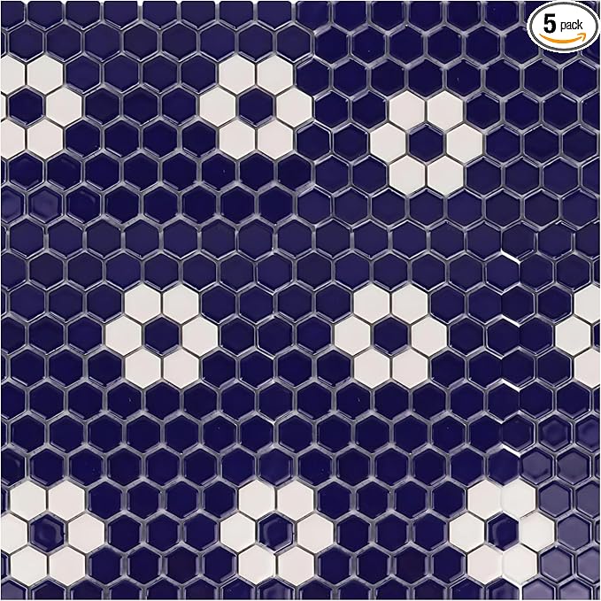 Tenedos Hexagon Glossy Cobalt Blue Flower Porcelain Mosaic Tile – Kitchen Backsplash, Bathroom Wall & Shower Floor Tile (5 Sheets)