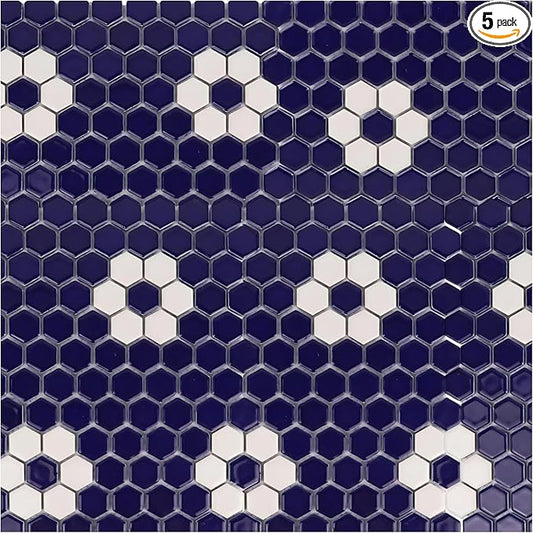 Tenedos Hexagon Glossy Cobalt Blue Flower Porcelain Mosaic Tile – Kitchen Backsplash, Bathroom Wall & Shower Floor Tile (5 Sheets)