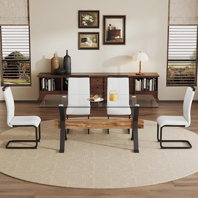 5 Piece Glass Dining Table Set, Kitchen Table Chairs Set for 4, 71'' Dining Table with 0.4" Tempered Glass Tabletop with Plated Metal Legs and MDF Crossbar, 4 PU Chairs for Dining Room, Kitchen.