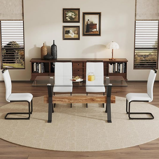 5 Piece Glass Dining Table Set, Kitchen Table Chairs Set for 4, 71'' Dining Table with 0.4" Tempered Glass Tabletop with Plated Metal Legs and MDF Crossbar, 4 PU Chairs for Dining Room, Kitchen.
