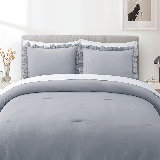 Bonlino Bedding Comforter Set Queen - 3 Pieces Farmhouse Comforter Ruffle Boho Bed Comforter, Fluffy Soft Lightweight Bedding Chic Rustic Country Style for Home Bedroom Dorm (Queen, Light Grey)