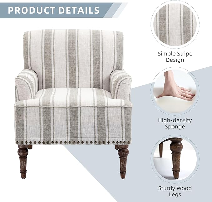Modern Accent Chair with Arms,2 Set Mid Century Stripe Armchair for Living Room,Comfy Linen Fabric Single Sofa for Apartment Bedroom,Comfortable Cushioned Seat for Reading Home Office-Brown Stripe