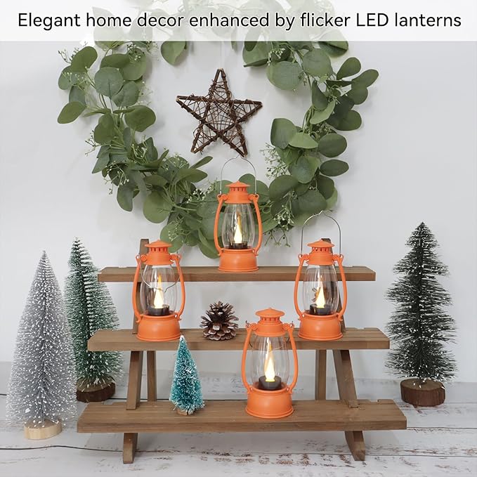 12-Pcs Orange Mini Lanterns Decorative for Halloween Thanksgiving, Fall Centerpiece for Table, Small Western Lantern with Flicker LED Candle for Cowboy Camping Christmas Wedding Decorations
