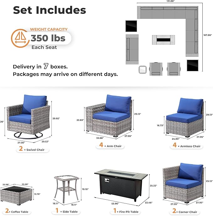 ovios 16 Pieces Patio Furniture Set, Outdoor Wicker Sectional Sofa with 54" Fire Pit Table Swivel Chairs, Modern Modular Deep Seat Rattan Couch Conversation Sets, Navy Blue