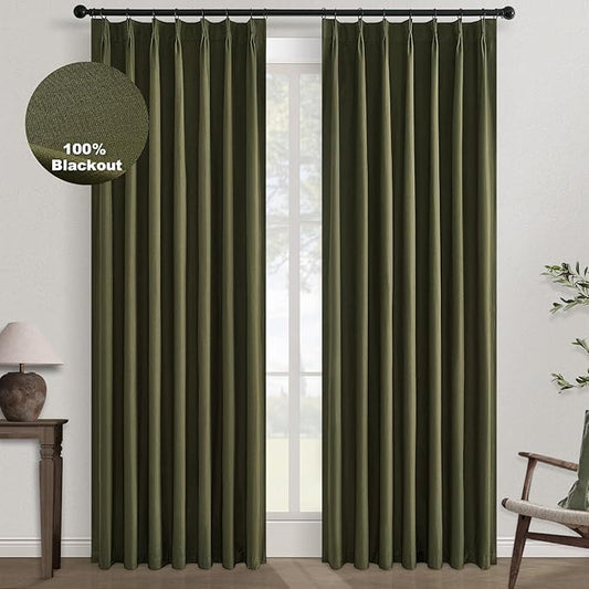 Topfinel 72 Inch Green Linen Blackout Curtains, Pinched Pleated Insulating Noise Reducing Sun Blocking Dark Out Short Boho Cute Short Drapes for Kids Nursery Bedroom 2 Panels, Olive Green Forest Green