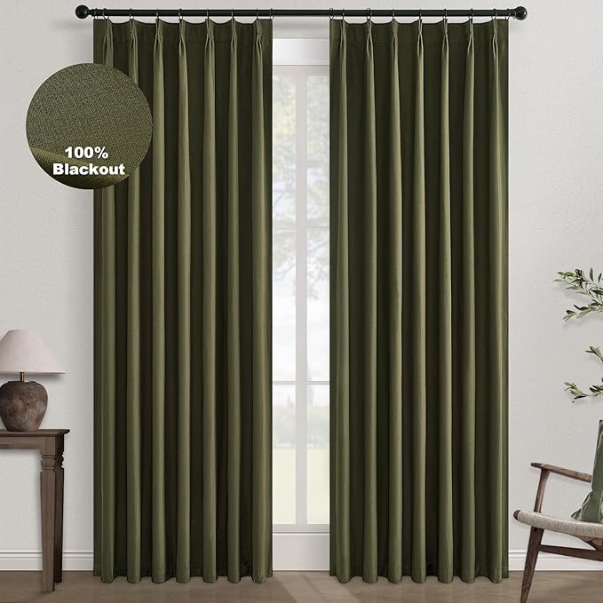 Topfinel Olive Green 100 Inch Long Black Out Custom Curtains, Double Pinch Pleated Window Coverings, Nursery Kids Summber Boho Farmhouse Heat Blocking Sound Block Back Tab Curtains for Sliding Door
