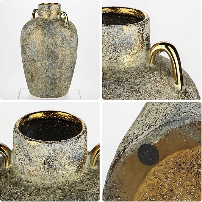 Large Ceramic Vase, 11.2" Tall Rustic Farmhouse Vase, Vintage Flower Vase with 2 Ears, Electroplated Terracotta Boho Vases for Home, Living Room, Shelf, Mantel, Entryway, Wedding, Tabletop Decor