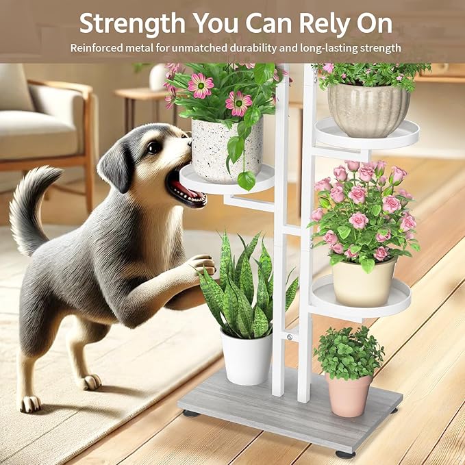 LASZOLA White 4 Tiered Plant Stand Indoors Heavy Duty Metal Rack, Sturdy Multi Level Shleving Hold Flowers, Larger House Decorate Ladder for Planting Inside Tree Herb Cactus, Wooden Base, Space Saving