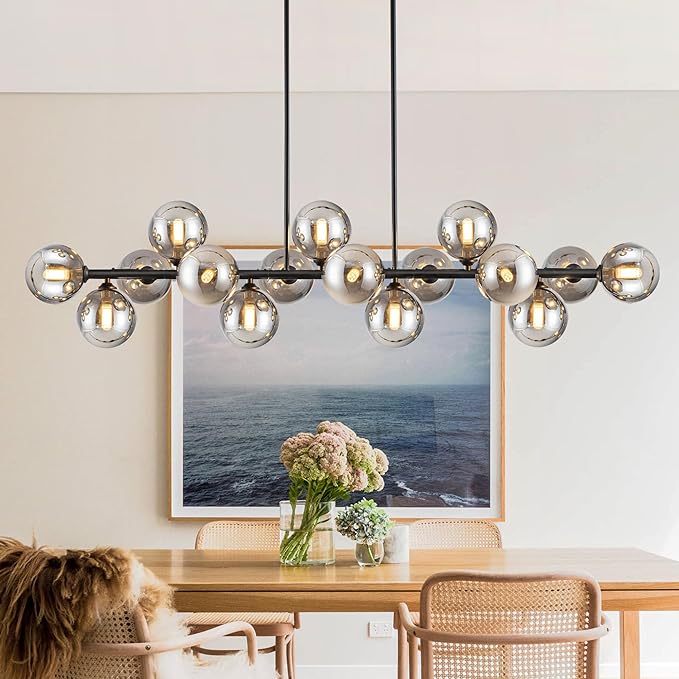 Chandelier,16-Light Large Pendant Lights Kitchen Island Linear Sputnik Chandelier Modern Chandeliers for Dining Room Bubble Gray Globe Island Lights for Kitchen Farmhouse Chandelier 55in
