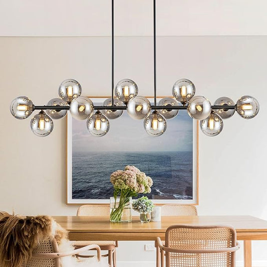 Chandelier,16-Light Large Pendant Lights Kitchen Island Linear Sputnik Chandelier Modern Chandeliers for Dining Room Bubble Gray Globe Island Lights for Kitchen Farmhouse Chandelier 55in