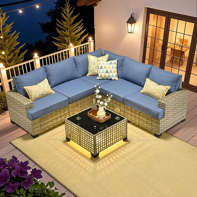 HOOOWOOO Outdoor Sectional Patio Furniture Set,6 Pieces Wicker Conversation Sets L Shaped Couch,Extra Deep Out Door Sofa Outside Furniture,Denim Blue