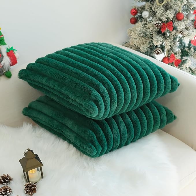 JOJUSIS Pack of 2 Faux Fur Plush Decorative Throw Pillow Covers Couch Cushion Case Soft Pillowcases (Dark Green, 18 x 18-Inch)
