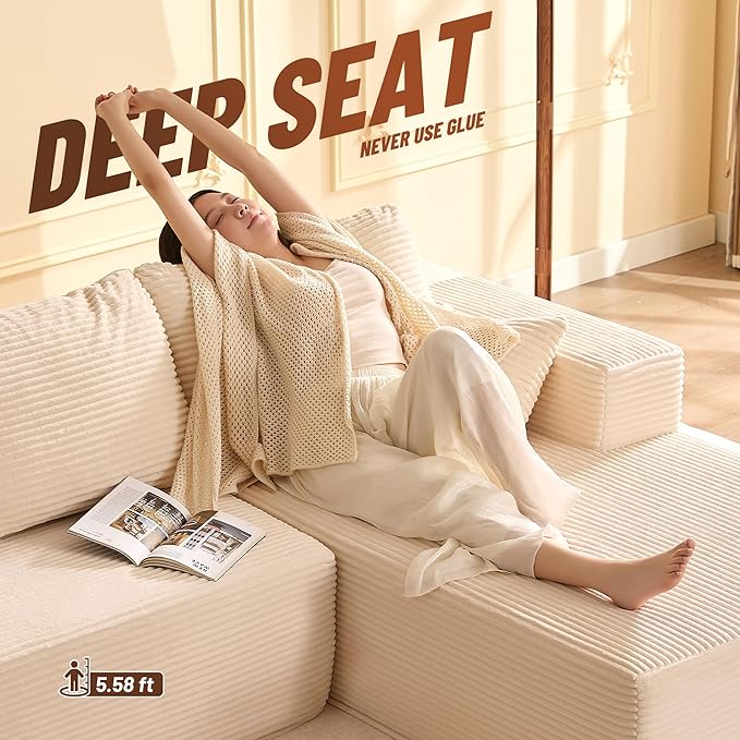 107" Boneless Couch with Deep Seat, Modular Sectional Sofa, Cloud Sectional Couch for Living Room, No Assembly Required, Corduroy, L-Shape Right，White