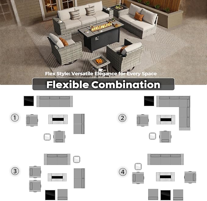 ovios 10 Pieces Patio Furniture Set, Outdoor Wicker Sectional Sofa with 54" Fire Pit Table Swivel Chairs, Modern Modular Deep Seat Rattan Couch Conversation Sets, Beige