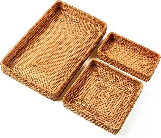 i-lan Set of 3 15" Rattan Woven Serving Tray Basket with MOP Wooden Base and Handles, Boho Wicker Coffee Table Décor Serving Tray with 2 Inch Wall, Handmade Display Basket for Everywhere