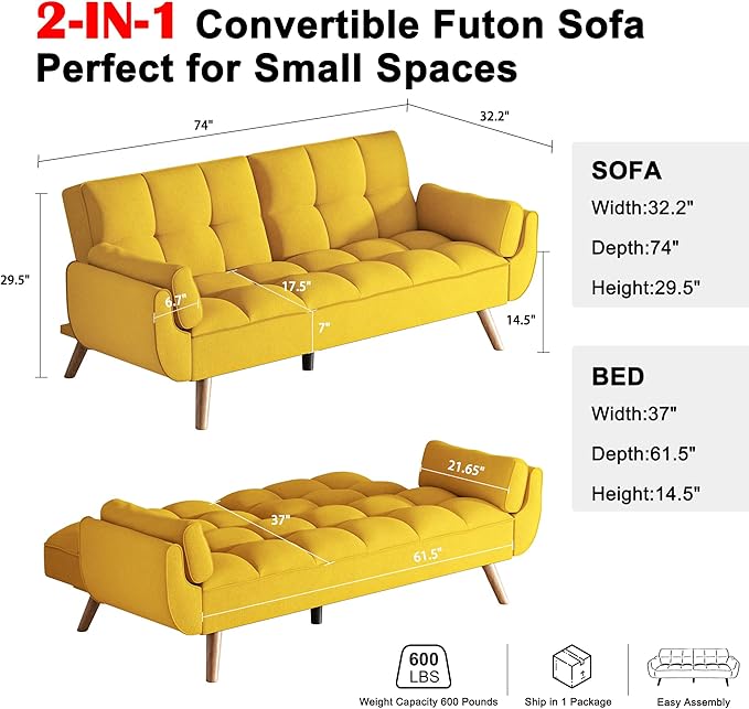 Futon Couch for Small Spaces & Apartment, 2-in-1Modern Comfy Loveseat Convertible Sofa Bed, 75.4-Inch Compact Design for Living Room, Dorms, and Studios-Yellow